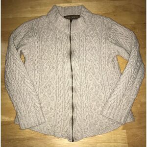 INIS Crafts Ivory Tan Women's Cardigan Cable Sweater‎ Full Zip 100% Wool Medium